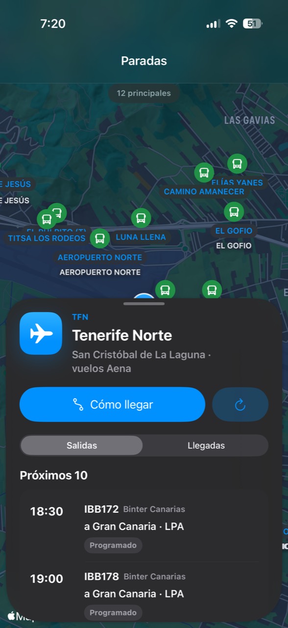 Detalle de Tenerife Norte con próximas salidas de vuelos.