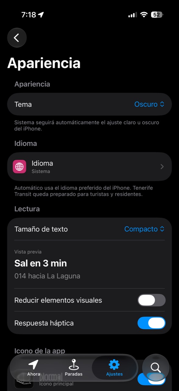 Pantalla de apariencia, idioma, lectura y respuesta háptica.