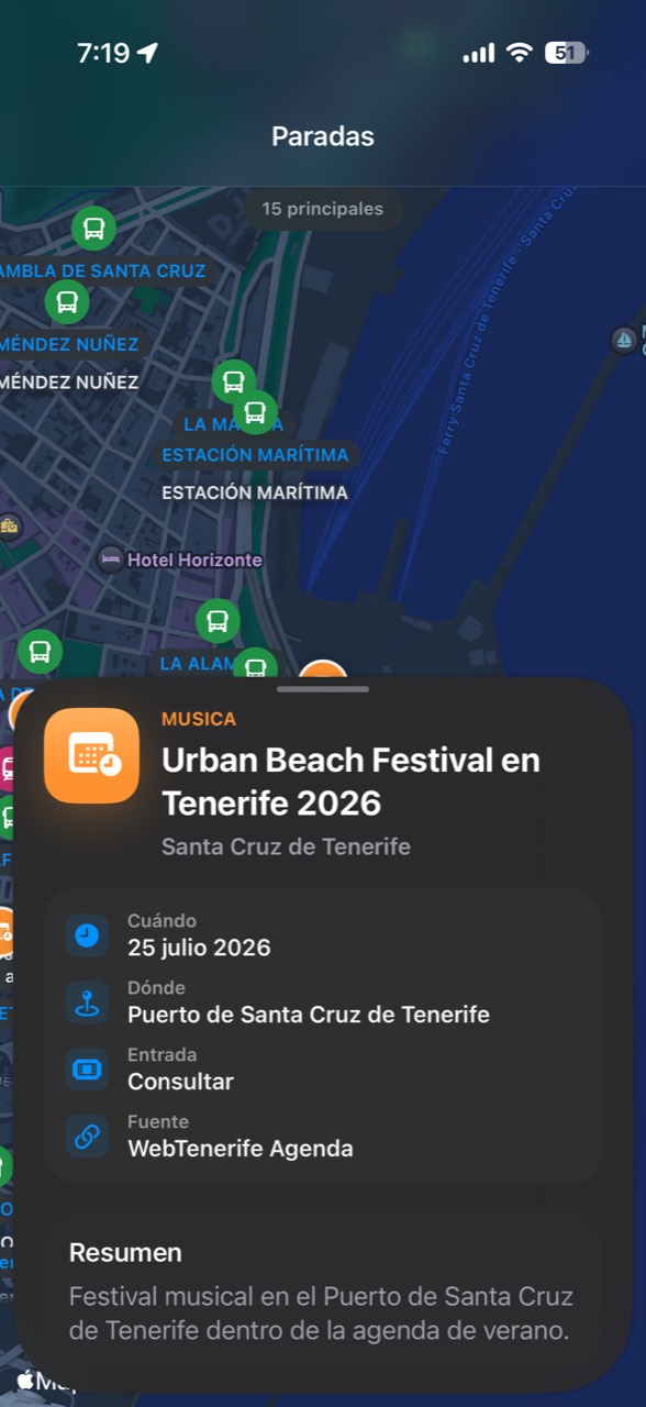 Detalle de evento en Tenerife dentro del mapa.