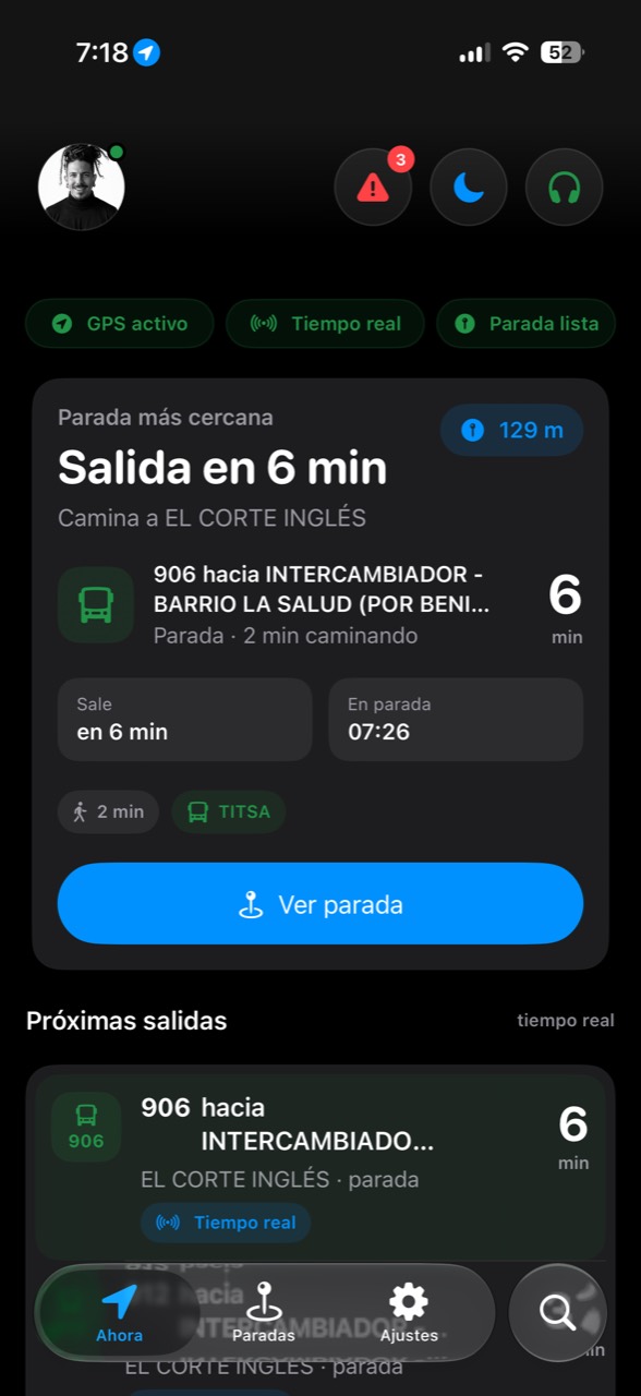 Pantalla principal de Tenerife Transit con parada cercana y salida recomendada.
