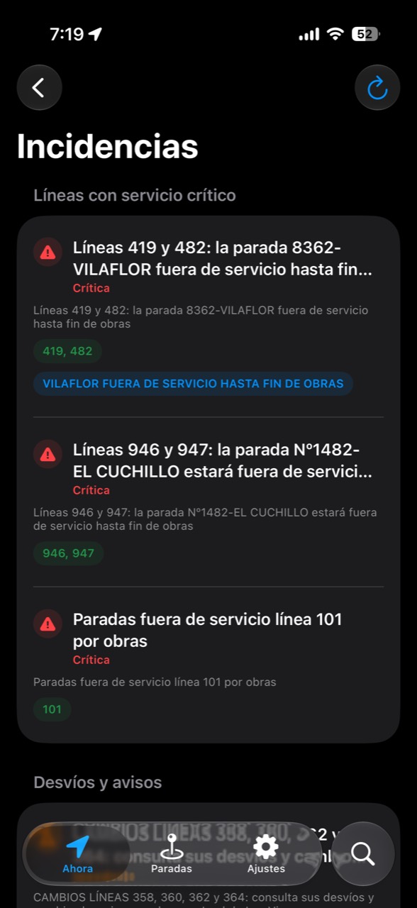 Pantalla de incidencias críticas y avisos de transporte.