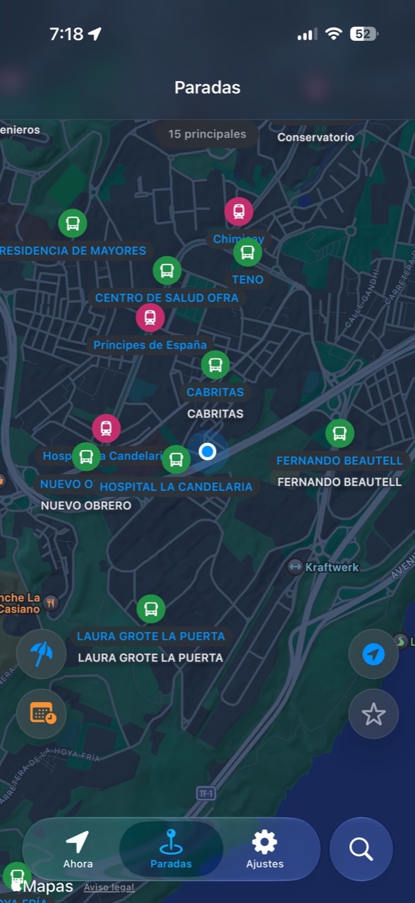 Mapa de Tenerife Transit con paradas, tranvía y puntos relevantes.