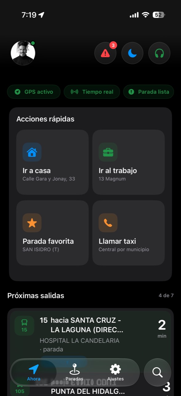 Pantalla principal con acciones rápidas y próximas salidas.