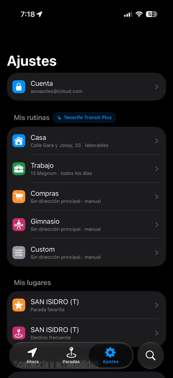 Ajustes de Tenerife Transit con rutinas y lugares guardados.